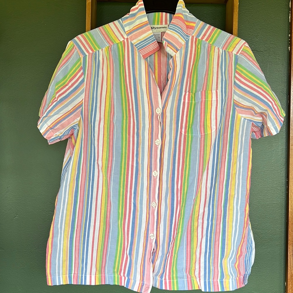 Vintage, stripped, rainbow, button-up shirt. Size XL.